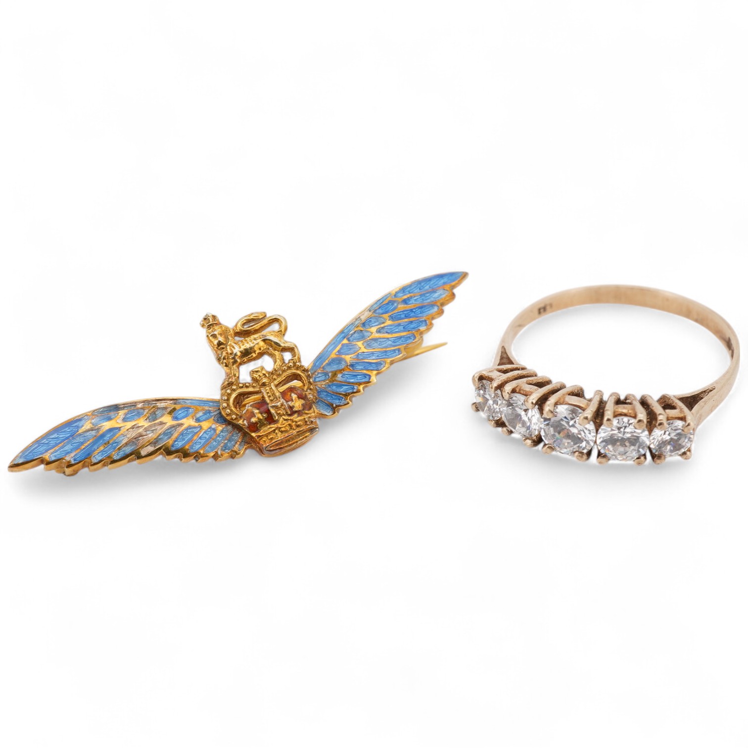 A 1960's Garrard & Co 9ct gold and two colour enamel sweethearts brooch, 36mm, with Asprey box, together with a 9ct gold and five stone simulated diamond set half hoop ring.